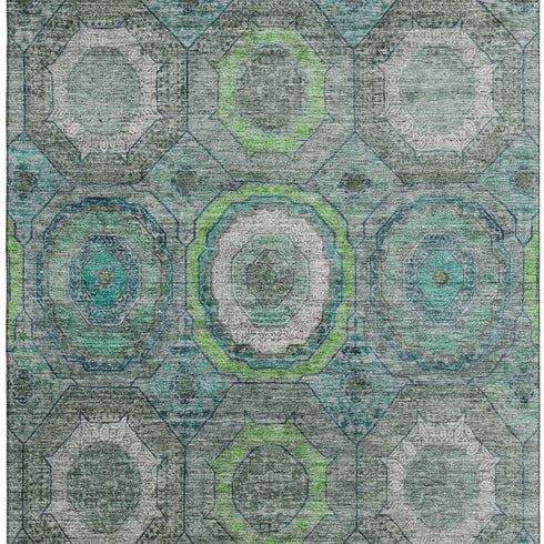 8' X 10' Teal And Lime Green Geometric Washable Area Rug With UV Protection