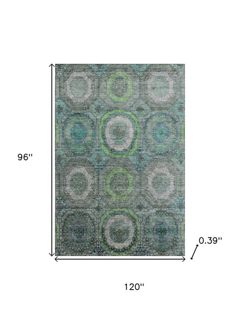 8' X 10' Teal And Lime Green Geometric Washable Area Rug With UV Protection