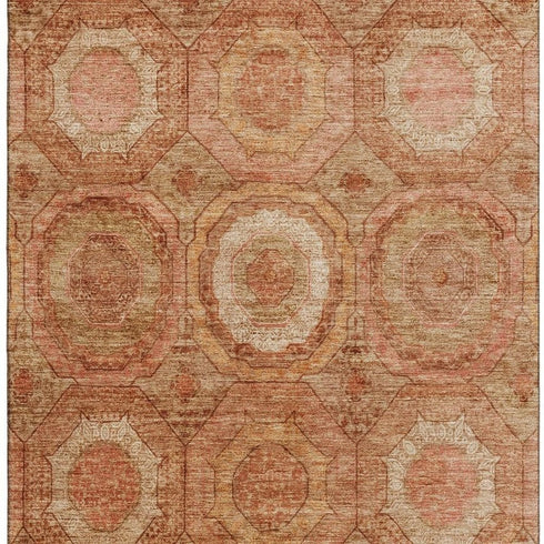 5' X 8' Terra Cotta And Copper Geometric Washable Area Rug With UV Protection