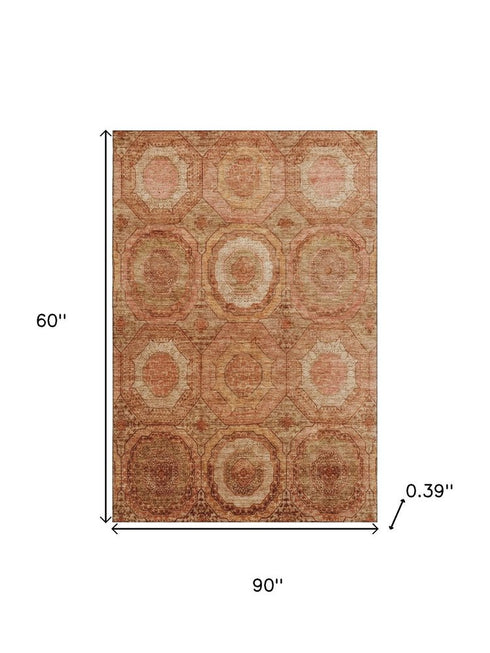 5' X 8' Terra Cotta And Copper Geometric Washable Area Rug With UV Protection