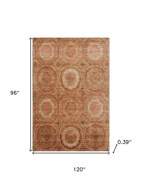8' X 10' Terra Cotta And Copper Geometric Washable Area Rug With UV Protection