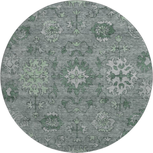 8' Sage And Gray Oriental Washable Round Rug With UV Protection