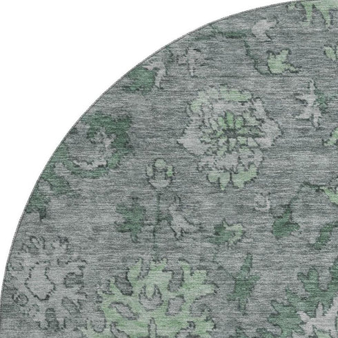 8' Sage And Gray Oriental Washable Round Rug With UV Protection