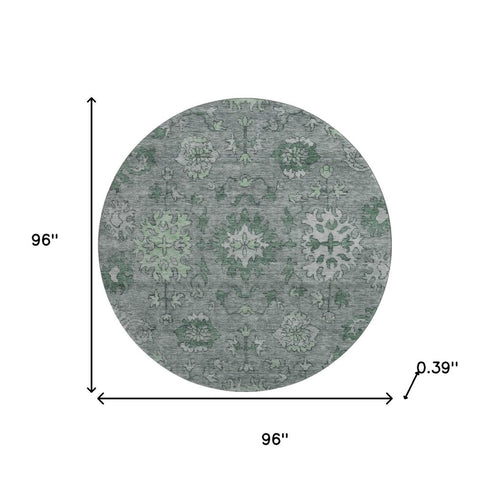 8' Sage And Gray Oriental Washable Round Rug With UV Protection