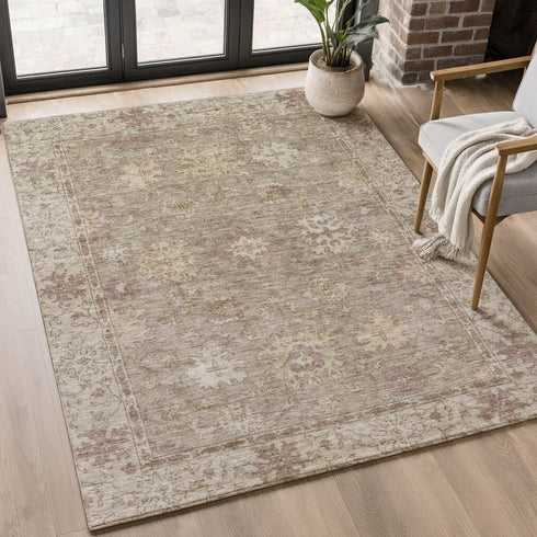 8' X 10' Khaki And Beige Oriental Washable Area Rug With UV Protection