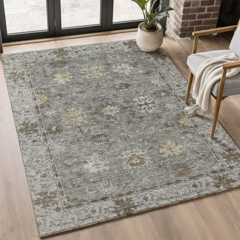 9' X 12' Pewter And Taupe Oriental Washable Area Rug With UV Protection