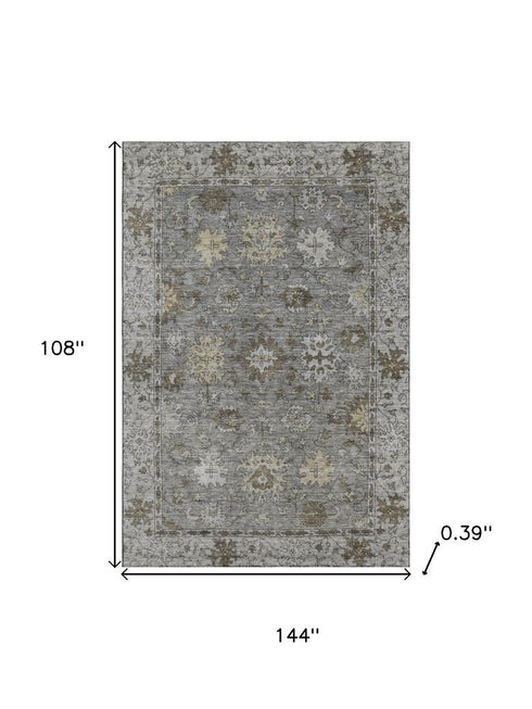 9' X 12' Pewter And Taupe Oriental Washable Area Rug With UV Protection