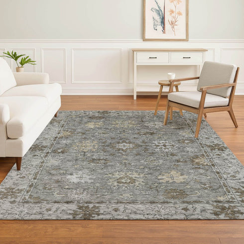 9' X 12' Pewter And Taupe Oriental Washable Area Rug With UV Protection