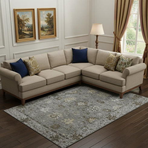 9' X 12' Pewter And Taupe Oriental Washable Area Rug With UV Protection