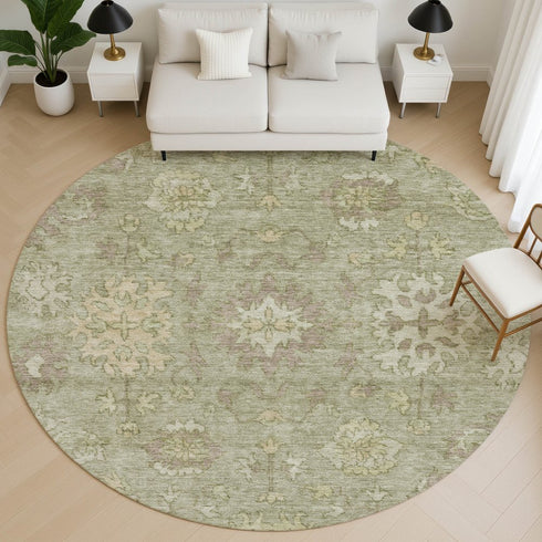 8' Sage And Beige Oriental Washable Round Rug With UV Protection