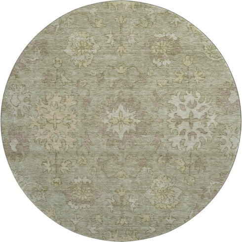8' Sage And Beige Oriental Washable Round Rug With UV Protection