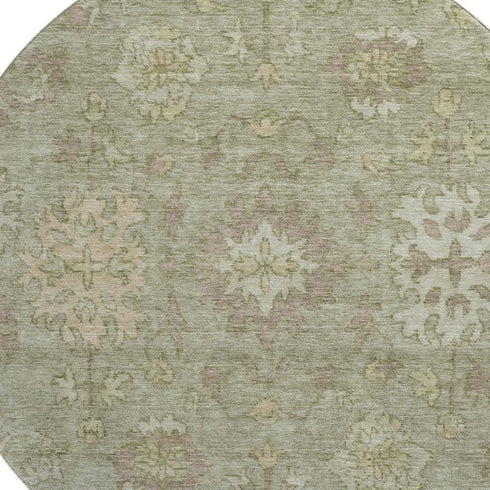 8' Sage And Beige Oriental Washable Round Rug With UV Protection