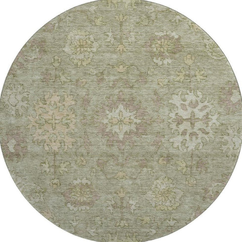 8' Sage And Beige Oriental Washable Round Rug With UV Protection