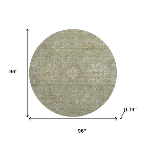 8' Sage And Beige Oriental Washable Round Rug With UV Protection