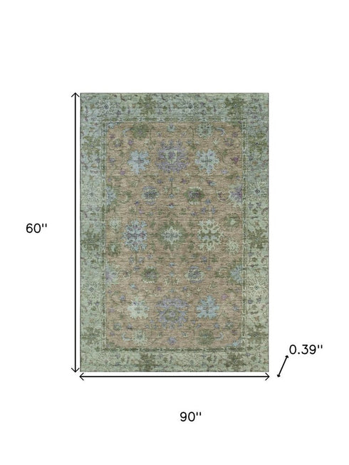 5' X 8' Brown And Lavender Oriental Washable Area Rug With UV Protection