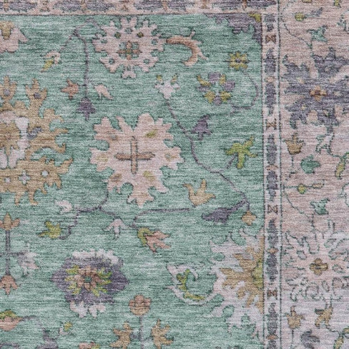5' X 8' Mint Green And Peach Oriental Washable Area Rug With UV Protection