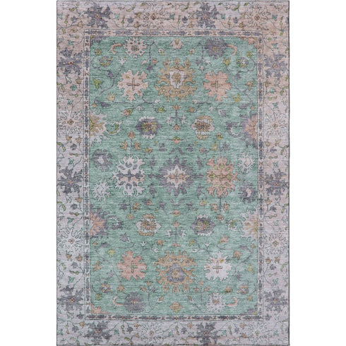 5' X 8' Mint Green And Peach Oriental Washable Area Rug With UV Protection