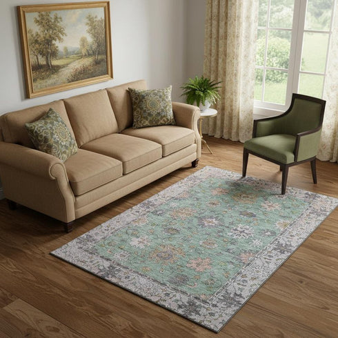 5' X 8' Mint Green And Peach Oriental Washable Area Rug With UV Protection