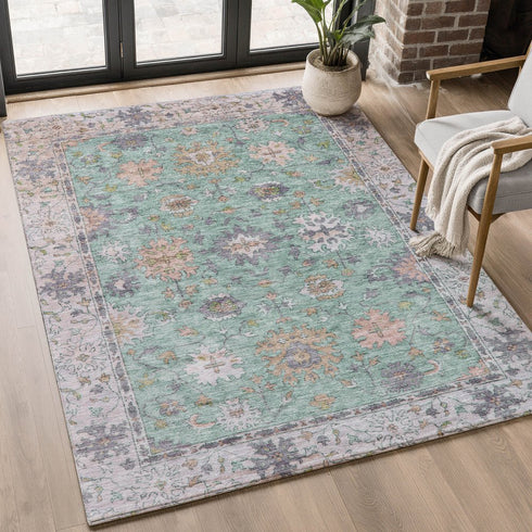 9' X 12' Mint Green And Peach Oriental Washable Area Rug With UV Protection