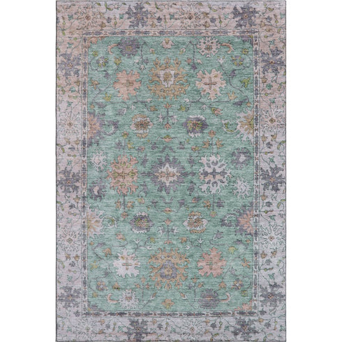 9' X 12' Mint Green And Peach Oriental Washable Area Rug With UV Protection