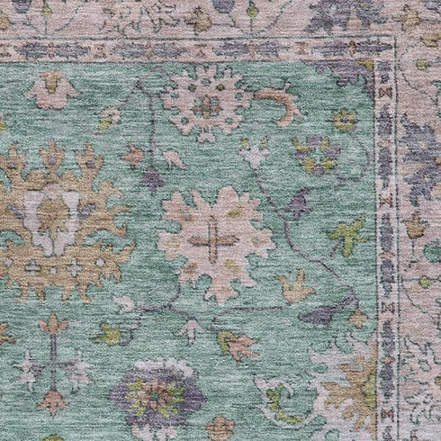 9' X 12' Mint Green And Peach Oriental Washable Area Rug With UV Protection