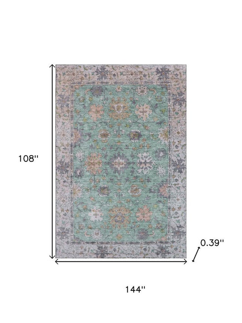 9' X 12' Mint Green And Peach Oriental Washable Area Rug With UV Protection