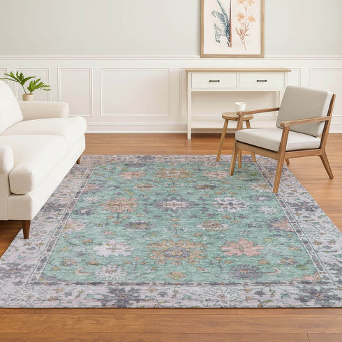 9' X 12' Mint Green And Peach Oriental Washable Area Rug With UV Protection