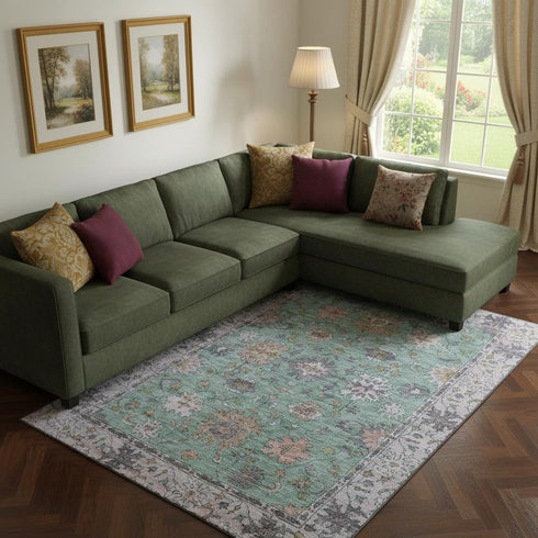 9' X 12' Mint Green And Peach Oriental Washable Area Rug With UV Protection