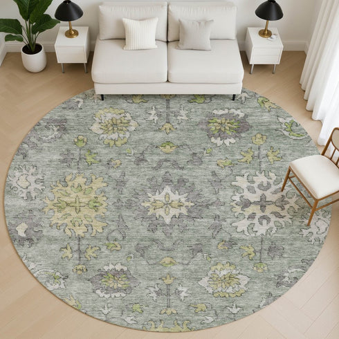 8' Sage And Gray Oriental Washable Round Rug With UV Protection