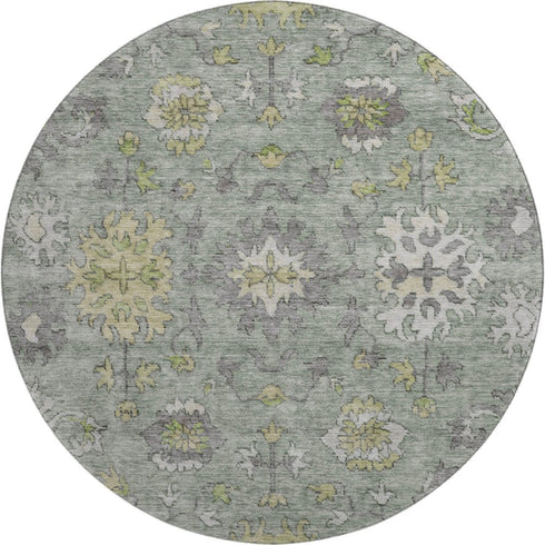 8' Sage And Gray Oriental Washable Round Rug With UV Protection