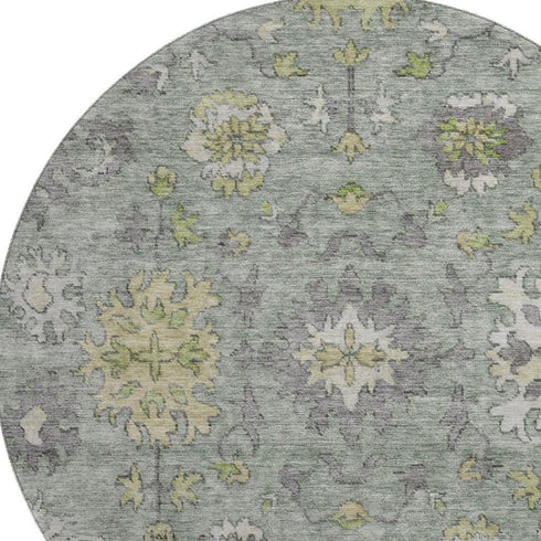 8' Sage And Gray Oriental Washable Round Rug With UV Protection