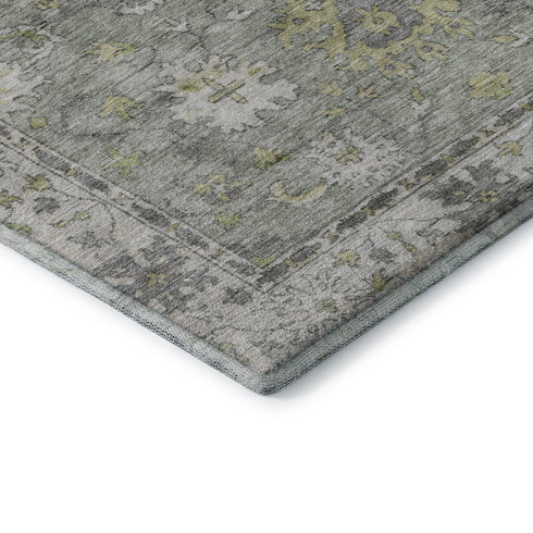 8' Sage And Gray Oriental Washable Round Rug With UV Protection
