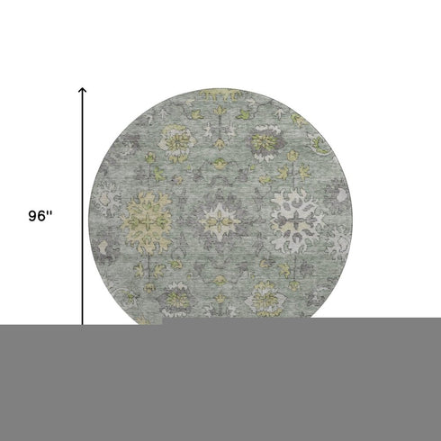 8' Sage And Gray Oriental Washable Round Rug With UV Protection
