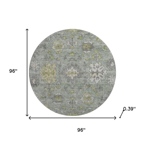 8' Sage And Gray Oriental Washable Round Rug With UV Protection