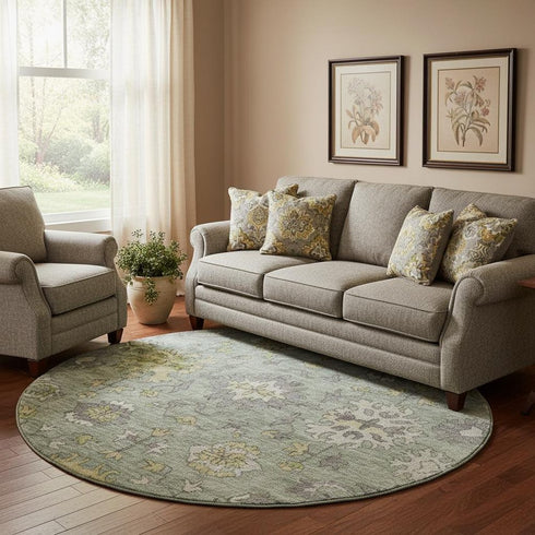 8' Sage And Gray Oriental Washable Round Rug With UV Protection