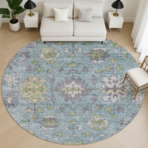 8' Pale Aqua And Teal Oriental Washable Round Rug With UV Protection