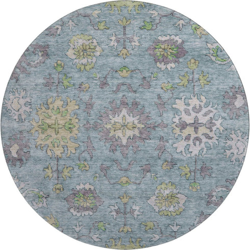 8' Pale Aqua And Teal Oriental Washable Round Rug With UV Protection