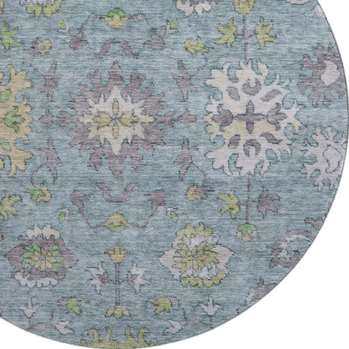 8' Pale Aqua And Teal Oriental Washable Round Rug With UV Protection