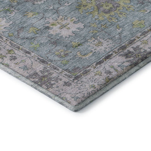 8' Pale Aqua And Teal Oriental Washable Round Rug With UV Protection