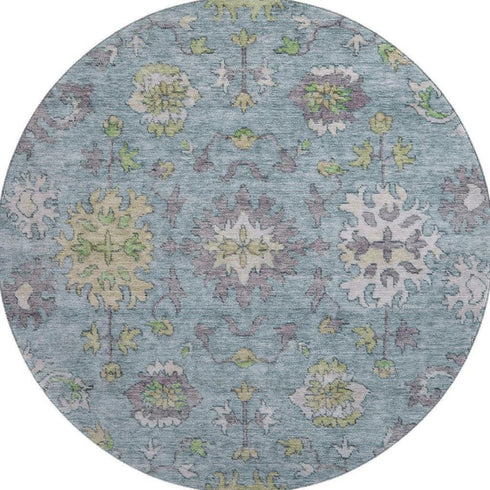 8' Pale Aqua And Teal Oriental Washable Round Rug With UV Protection