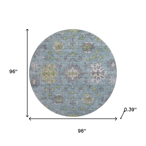 8' Pale Aqua And Teal Oriental Washable Round Rug With UV Protection