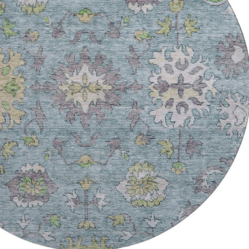 8' Pale Aqua And Teal Oriental Washable Round Rug With UV Protection