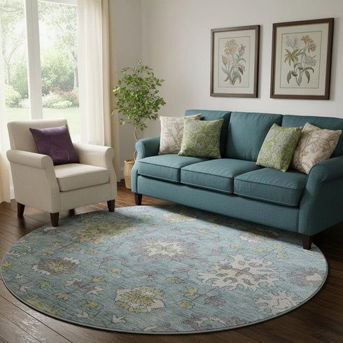 8' Pale Aqua And Teal Oriental Washable Round Rug With UV Protection
