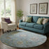 8' Pale Aqua And Teal Oriental Washable Round Rug With UV Protection