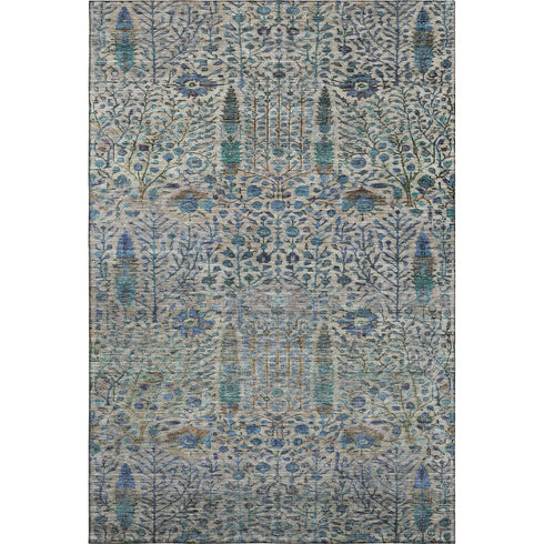 5' X 8' Brown And Teal Floral Vines Washable Area Rug With UV Protection
