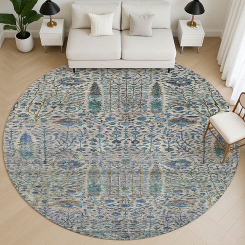 8' Brown And Teal Floral Vines Washable Round Rug With UV Protection