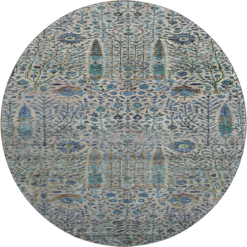 8' Brown And Teal Floral Vines Washable Round Rug With UV Protection