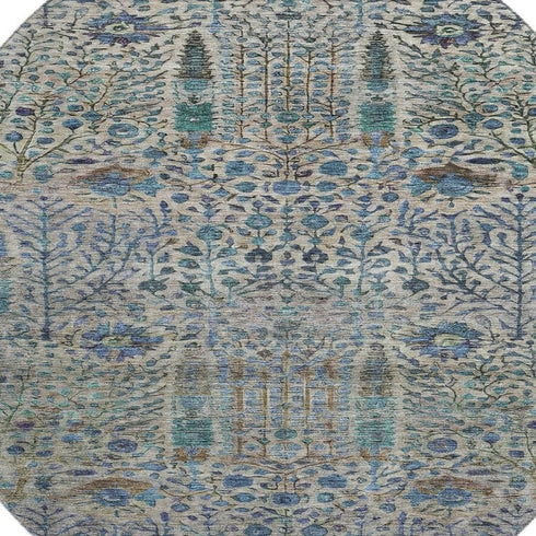 8' Brown And Teal Floral Vines Washable Round Rug With UV Protection
