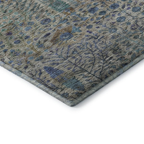 8' Brown And Teal Floral Vines Washable Round Rug With UV Protection