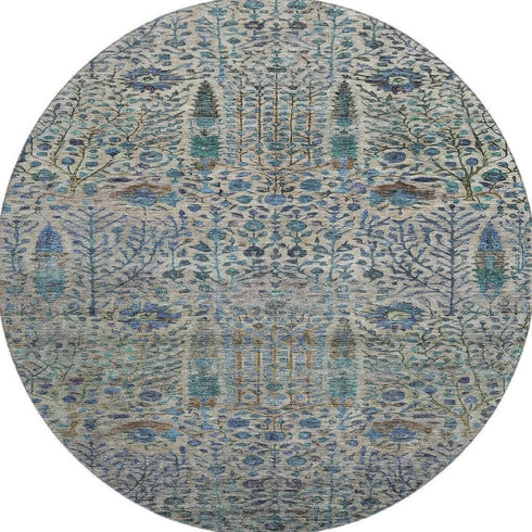 8' Brown And Teal Floral Vines Washable Round Rug With UV Protection